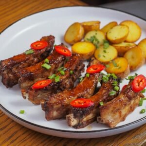 Close-up of spicy barbecue ribs with crispy roasted potatoes on a plate.